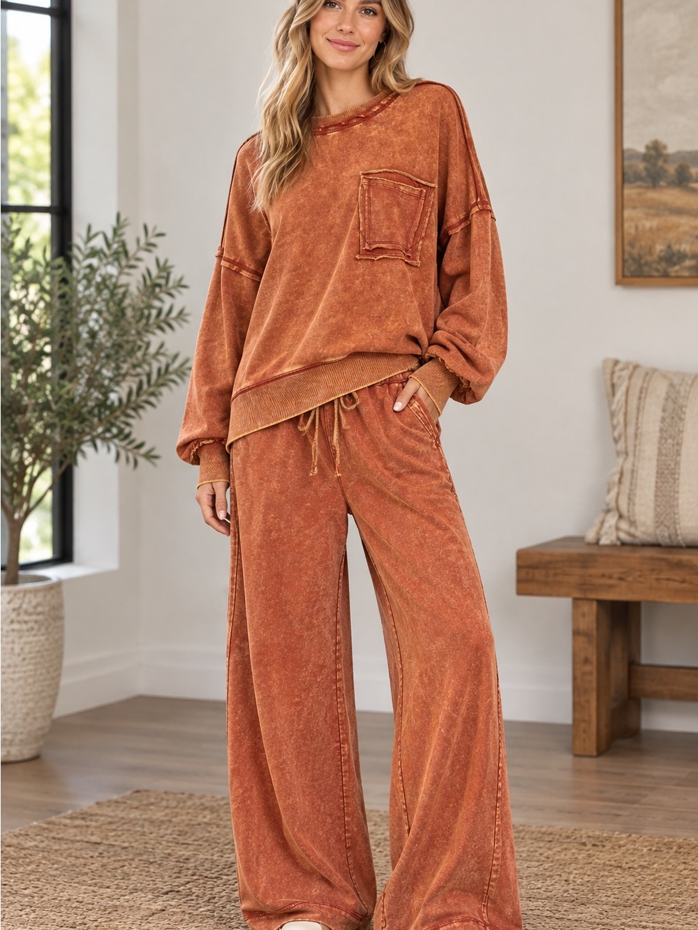 Zenana Outfitters Rust Wide-Leg Lounge Sweatpant and Sweatshirt 2 pcs